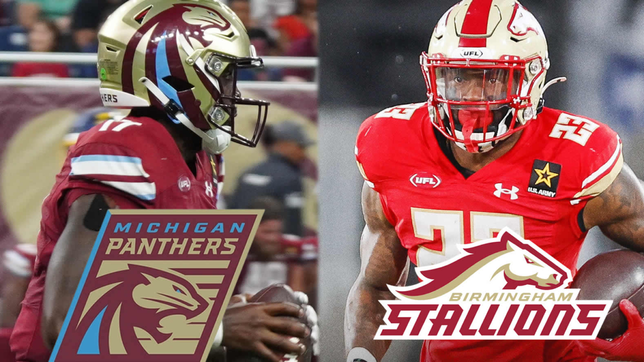 Bryce Perkins with Michigan Panthers (left side) photo courtesy of Jonathan Clink, Ricky Person Jr. with Birmingham Stallions (right side) photo courtesy of Birmingham Stallions