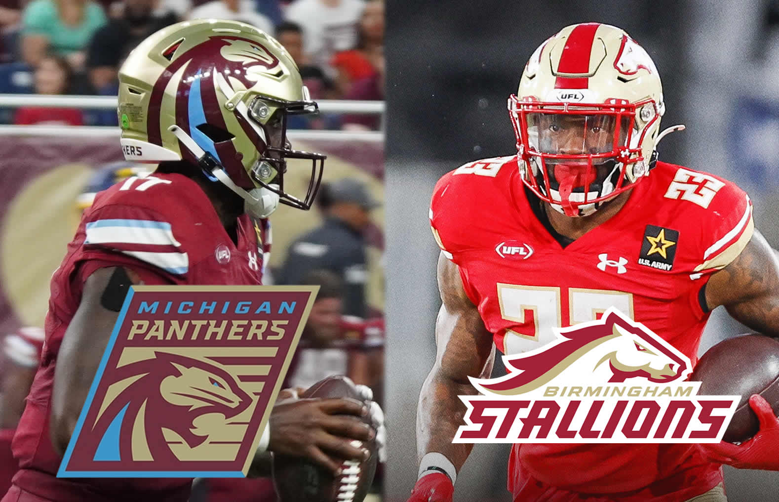 Bryce Perkins with Michigan Panthers (left side) photo courtesy of Jonathan Clink, Ricky Person Jr. with Birmingham Stallions (right side) photo courtesy of Birmingham Stallions