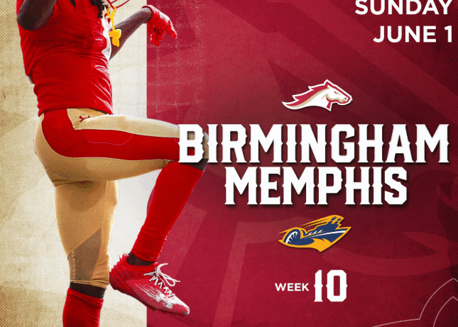 A poster advertising the Birmingham Stallions vs Memphis Showboats game.