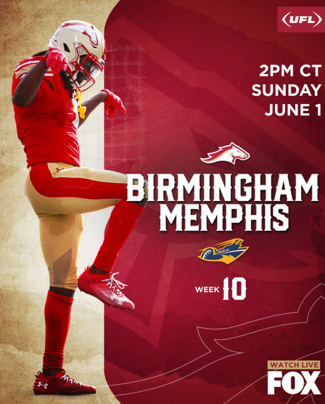 A poster advertising the Birmingham Stallions vs Memphis Showboats game.