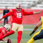 Harrison Mevis kicking a field goal for the Birmingham Stallions.