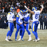 LA Rams kicker Harrison Mevis celebrating an overtime game winning field goal on 1-18-26
