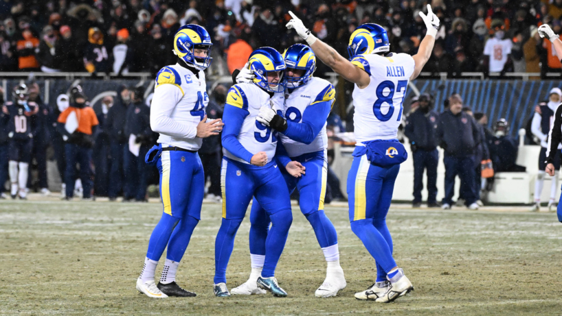 LA Rams kicker Harrison Mevis celebrating an overtime game winning field goal on 1-18-26