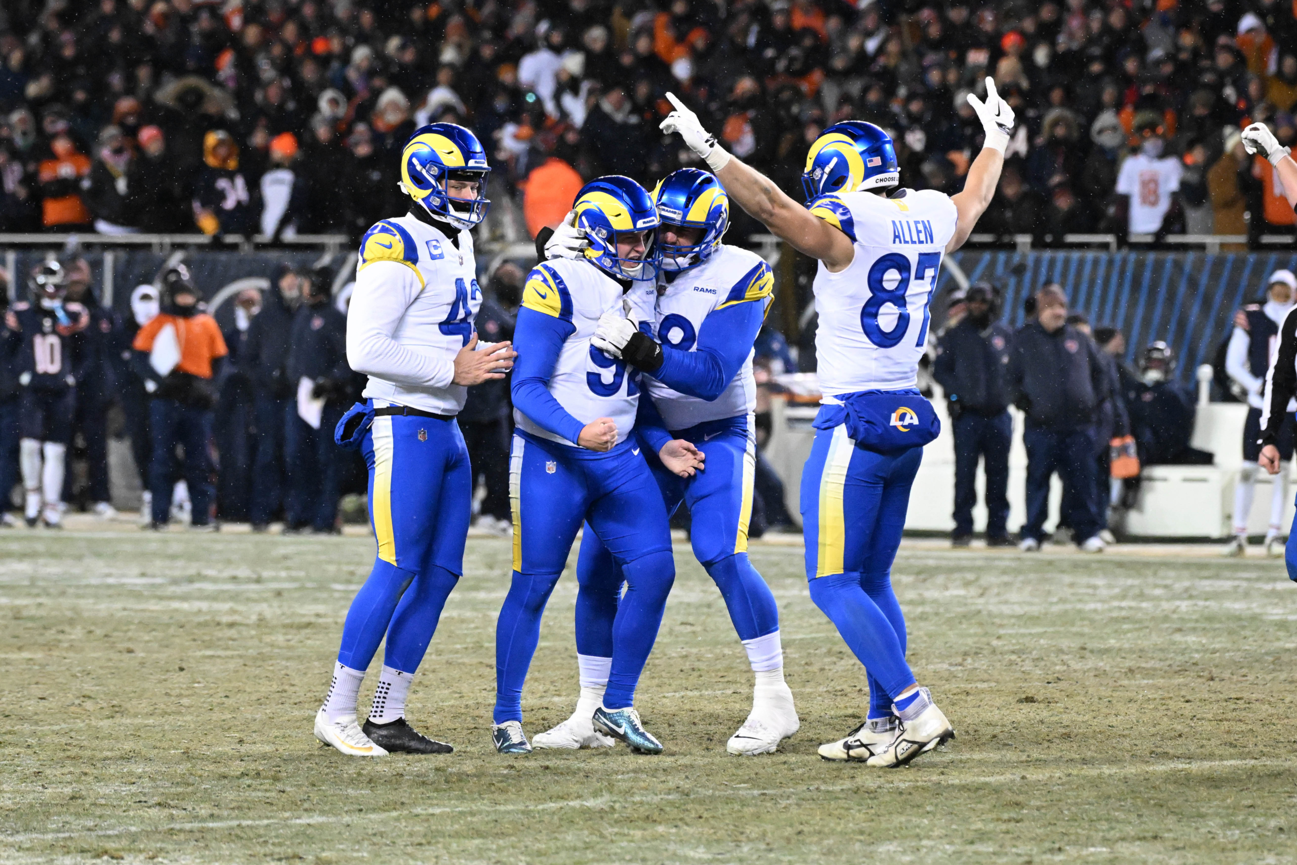 LA Rams kicker Harrison Mevis celebrating an overtime game winning field goal on 1-18-26